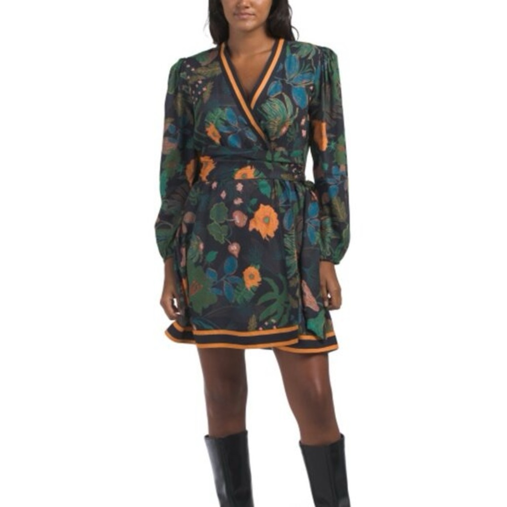 NEW CELINA MOON Long Sleeve Floral Print Wrap Style Mini Dress Size Large